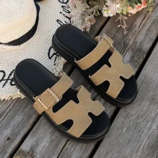 Breakj Breakj New Large-Size Slippers Women Thick-Bottomed A Buckle Solid Color Casual Cold Slippers Women