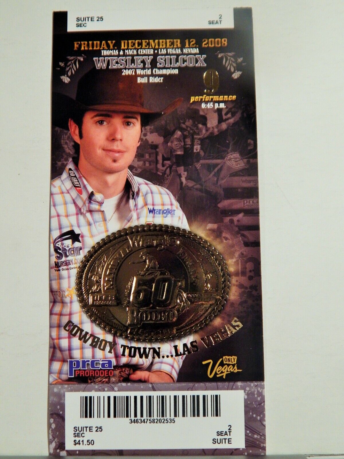 2008 NATIONAL FINALS RODEO LG ORIGINAL USED TICKET WESLEY SILCOX COLOR Photo Poster painting