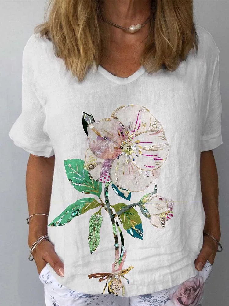 Womens Vintage Floral Print Cotton And Linen Top