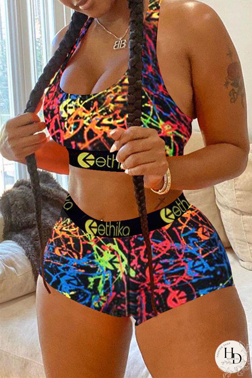 Colour Casual Sportswear Print Vests U Neck Sleeveless Two Pieces