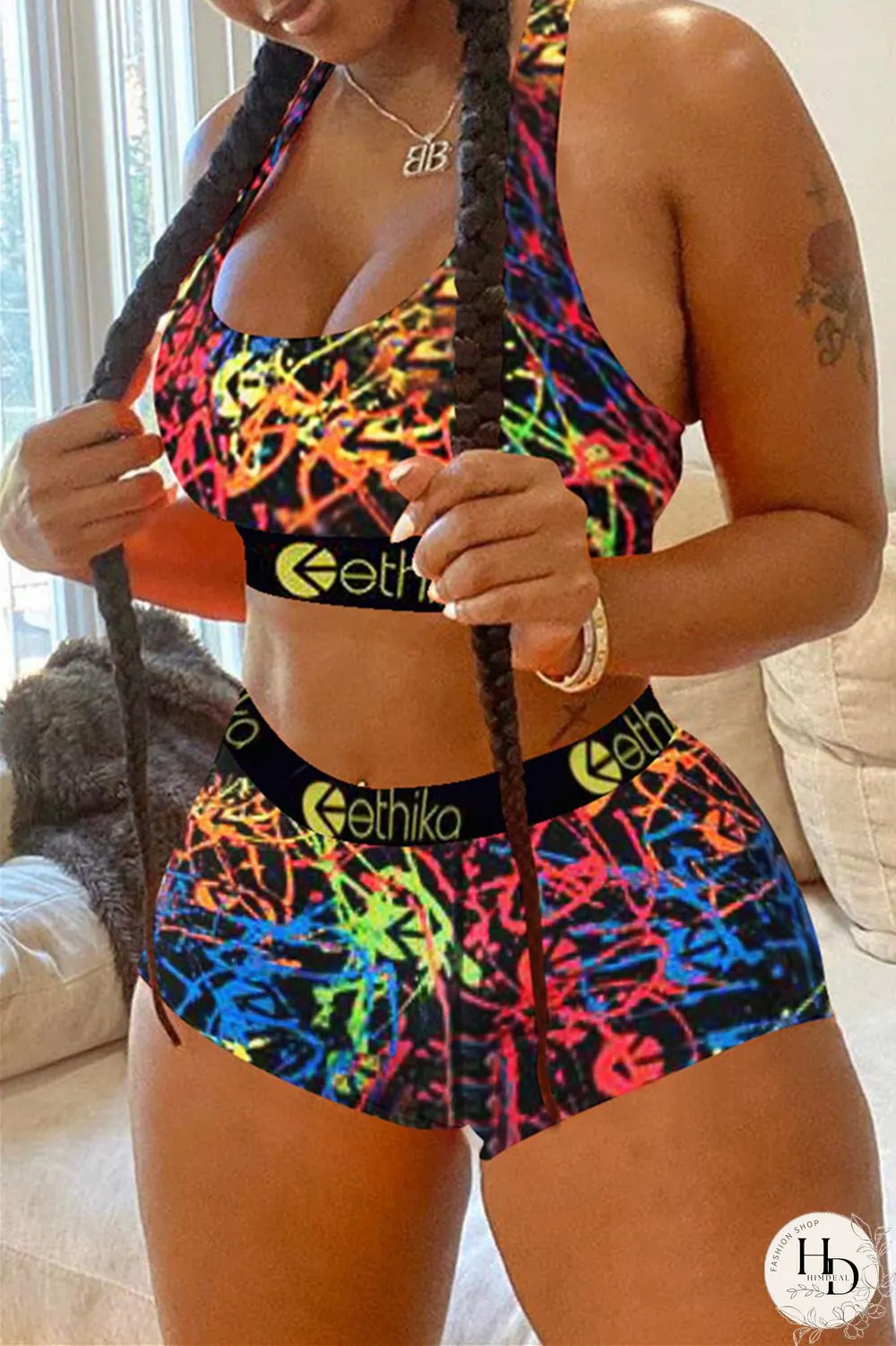 Colour Casual Sportswear Print Vests U Neck Sleeveless Two Pieces