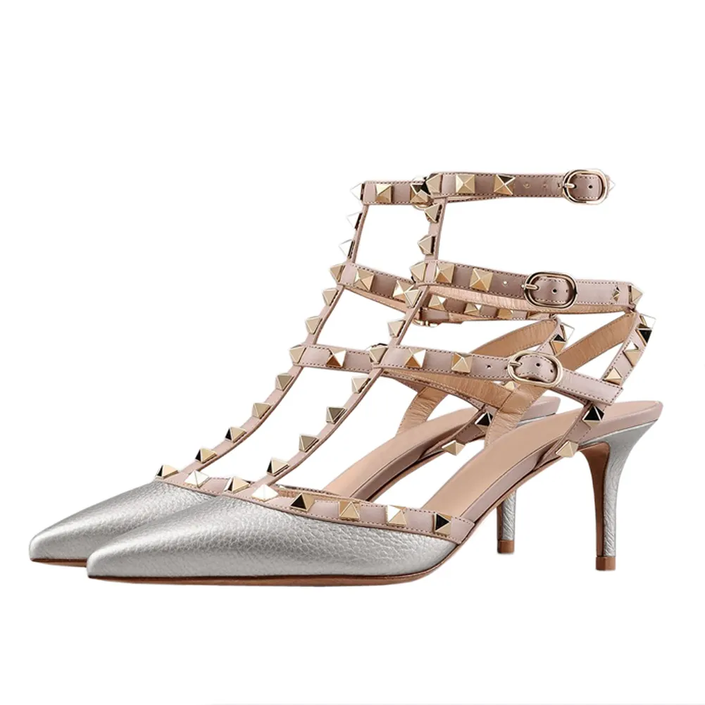 65mm Women's Low Heels Rivets Sandals Silver Line-vocosishoes