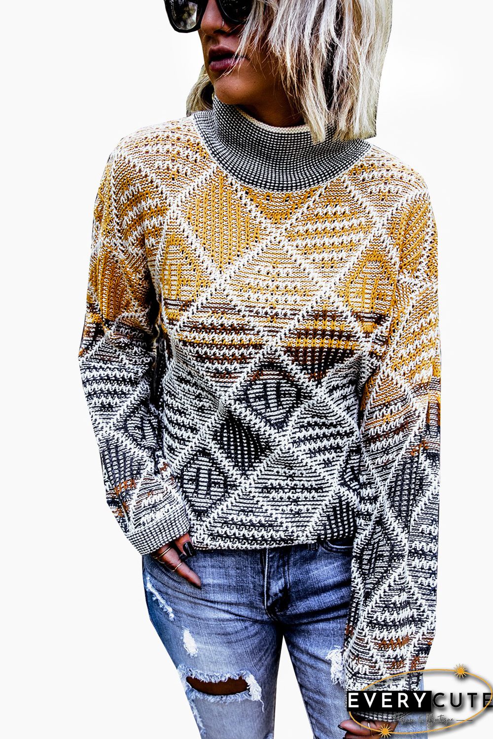 High Neck Geometric Colorblock Sweater
