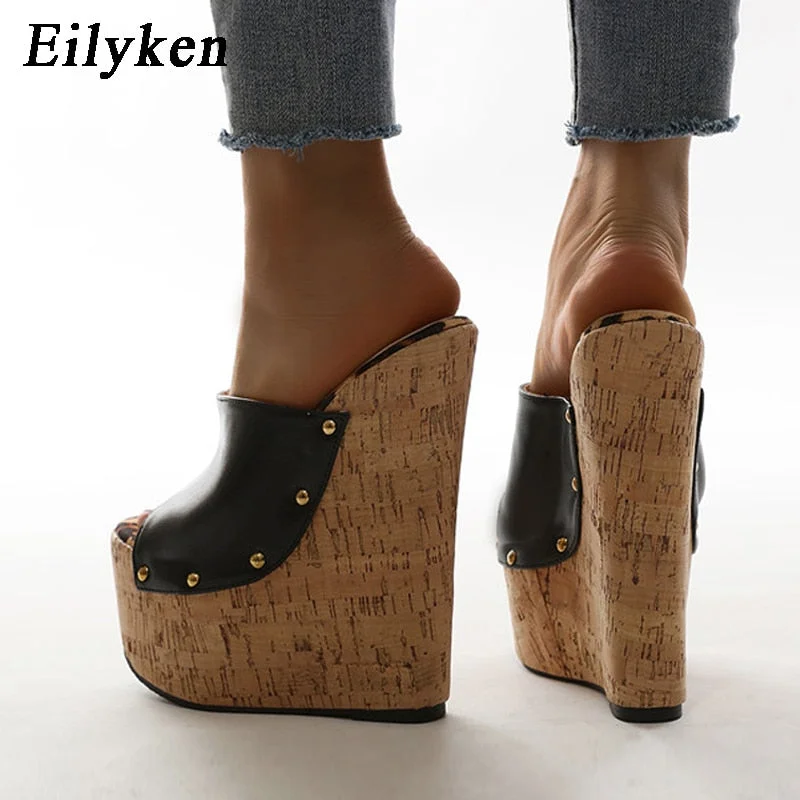 EilyKen Rivet Peep Toe Platform Wedge Slippers Black Summer Shoes Woman Sexy Super High Sandal Slippers Black 35-42 Mules