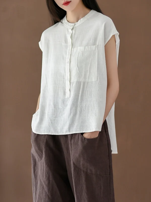 Solid Color Cap Sleeve High-Low Stand Collar Blouses&Shirts Tops