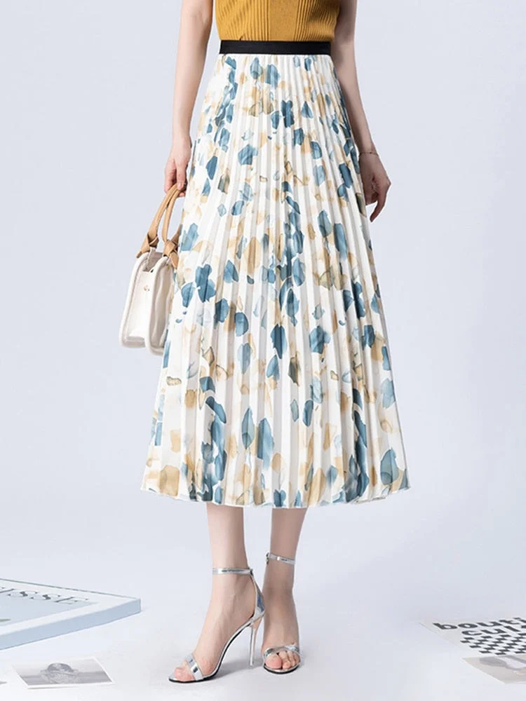 Huibahe Women Midi Chiffon Print Pleated Skirt Elegant High Waist Floral A-line Skirt for Summer Spring QT2080