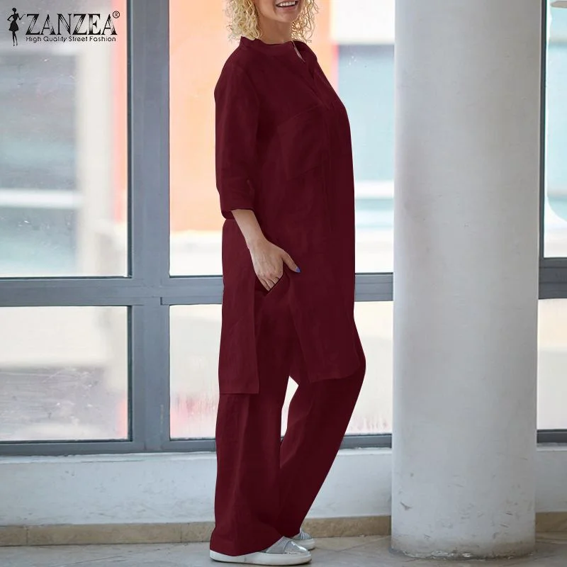 2PCS Women Autumn Suits Fashion Solid 3/4 Sleeve Matching SetsWide Leg Trousers Cotton Pant Sets Oversize  Casual Loose Blouse