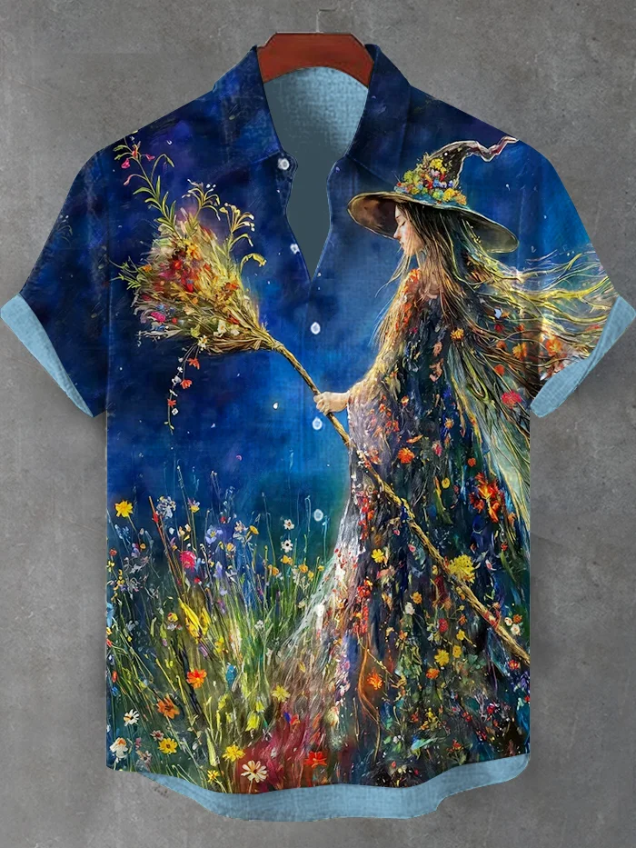 Men's Dark Night Boho Flower Witch Oil Painting Print Shirt