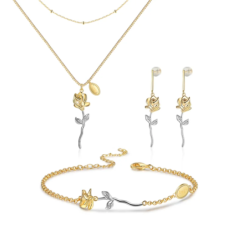 Golden Set Ohrringe Halskette Armband mit Roseanhänger