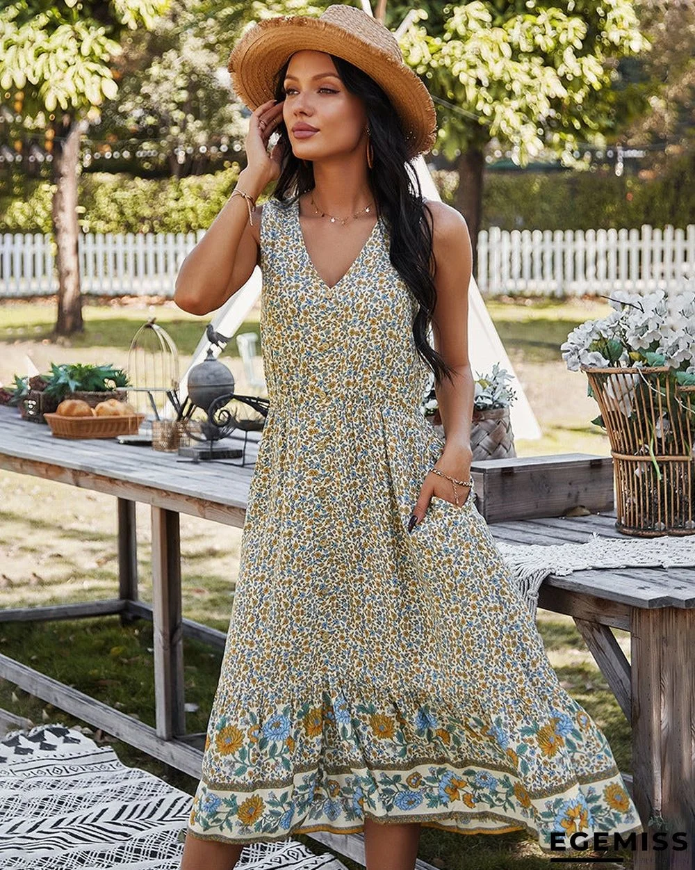 Women's Waist Dress Bohemian V-neck Printed Skirt | EGEMISS