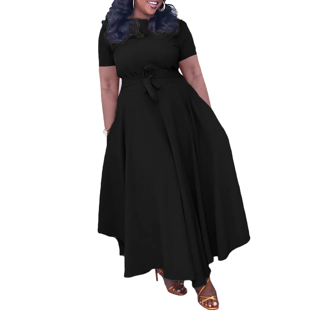Women's Summer Fashion Chic Solid Short Sleeve A-Line Africa Plus Size Dress