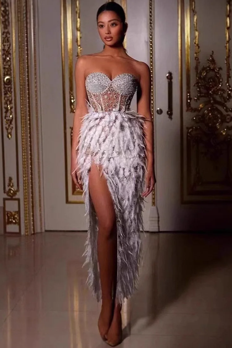 Strapless Rhinestone Embellished Bodice Feather Slit Maxi Dress-White