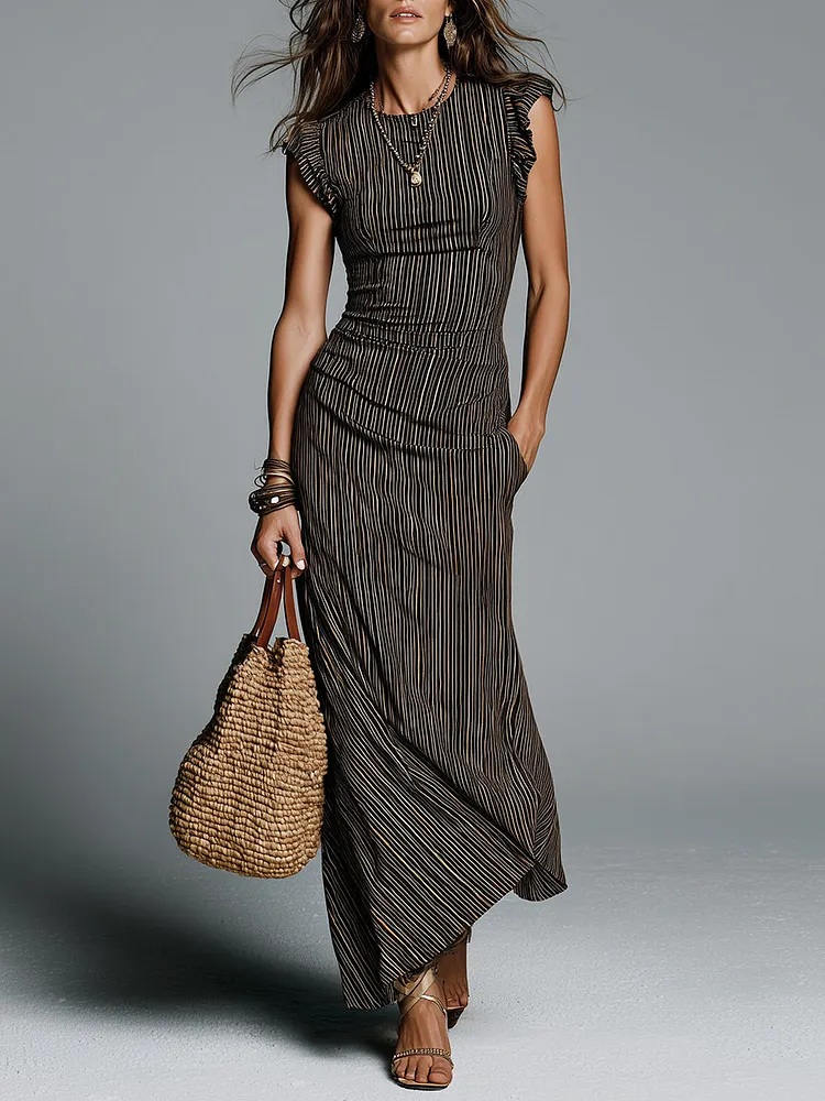 Vintage-style Striped Maxi Dress With Ruffled Sleeves
