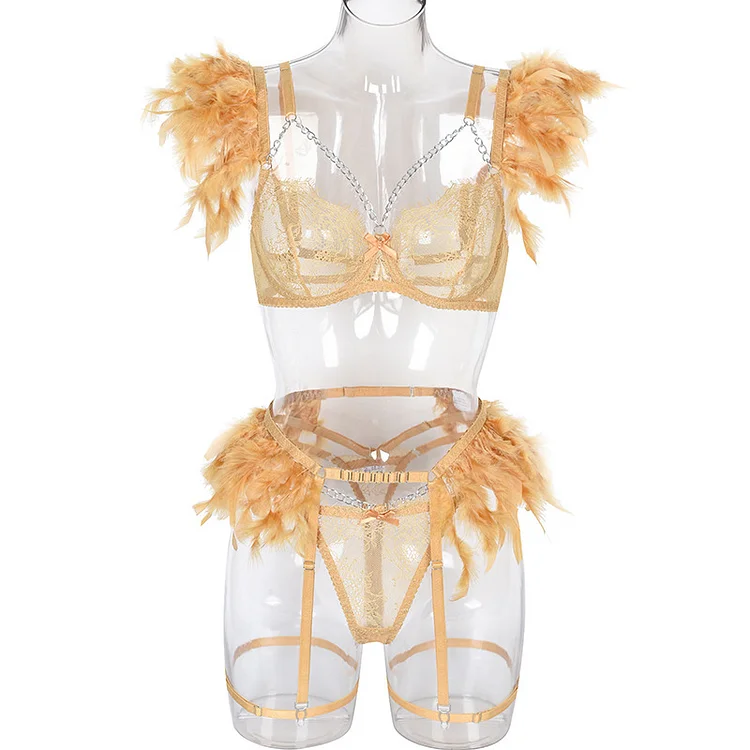 European And American Fashion Metal Chain Lace Feather Suit Women