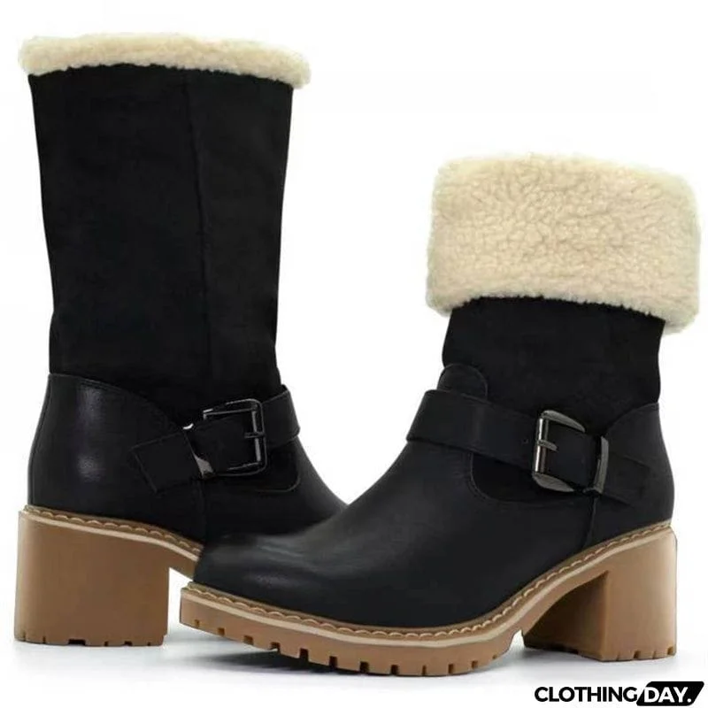 Women's Fashion Warm Short Plush Lined Block Heel Belt Buckle Ankle Boots