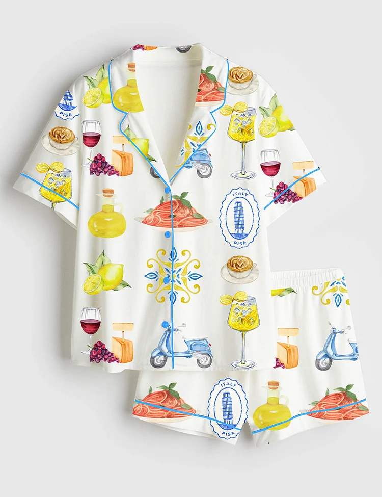 Women&rsquo;s Amalfi Coast Social Club Capri Italy Lemon Tree Aperol Spritz Short Sleeve Satin Pajama Set