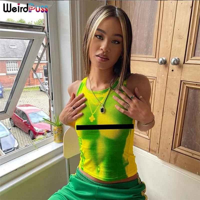 Weird Puss Tie Dye Print Skinny Tank Tops Women Slim Casual Aesthetic Vest Summer Fashion Wild Streetwear Elastic Sporty Outfit