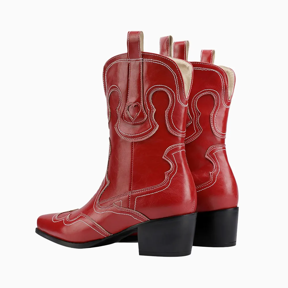 Block Heel Snip Toe Short Red Slip On Embroidered Cowgirl Boots