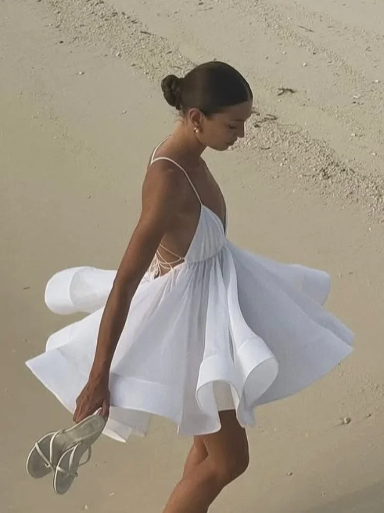 Sexy Backless Lace Up Women's Sling Chic Solid High Waist Party Beachwear Mini Dress