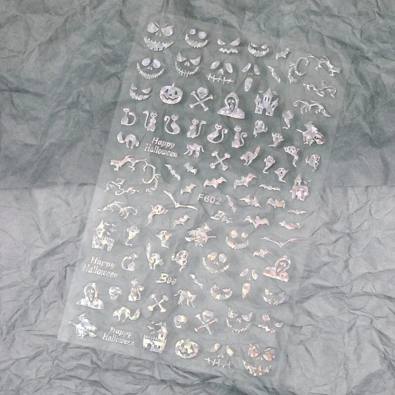 Halloween Nail Art Stickers Laser Black and White Skull Bat Spider Web Pumpkin Sticker Designer 3D Manicure Art Decals 9*16CM