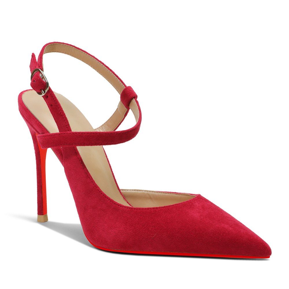100mm Women Slingback Pumps Ankle Strap Jenlove Stiletto Mid Heel Close Pointed Toe Dress Red Bottoms Suede Shoes-MERUMOTE