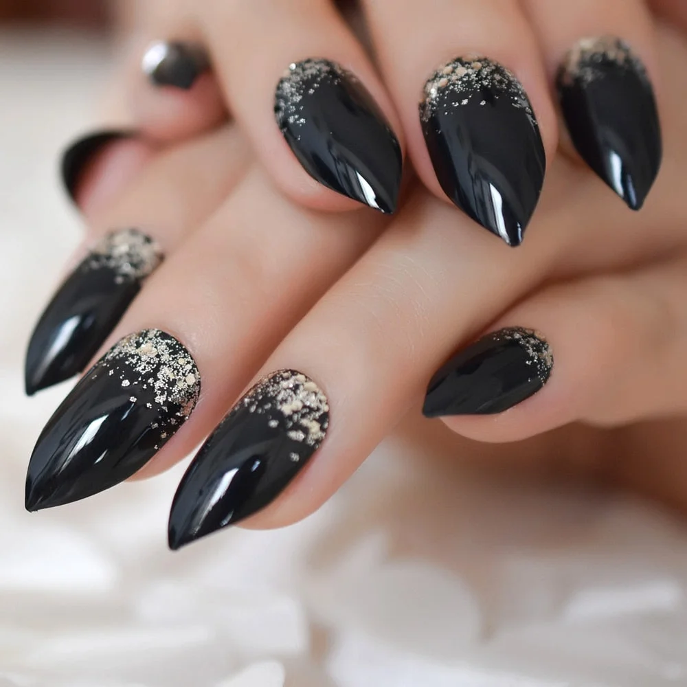 Extra long Stiletto Grey Marble Fake Nails Stone Pattern Pointed Dark Shiny Long Press On False Nails for Finger 24 Count-Nail Inspo