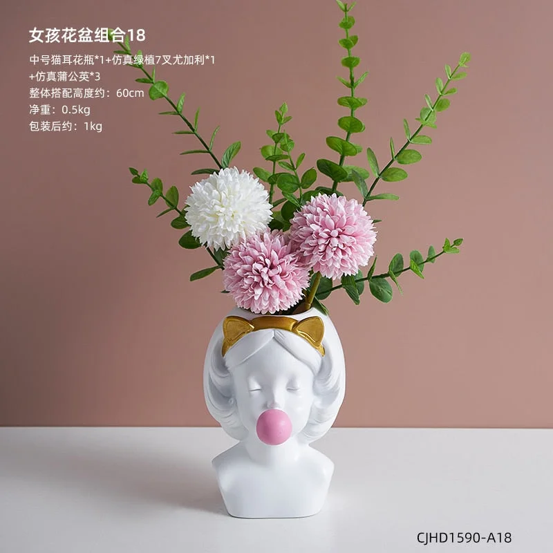 Nordic style girl flower pot plant resin flower pot rabbit ear/cat ear girl potted modern living room decoration decoration gift