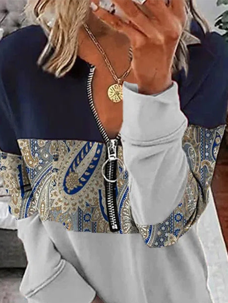 Women Long Sleeve V-neck Colorblock Floral Printed Top