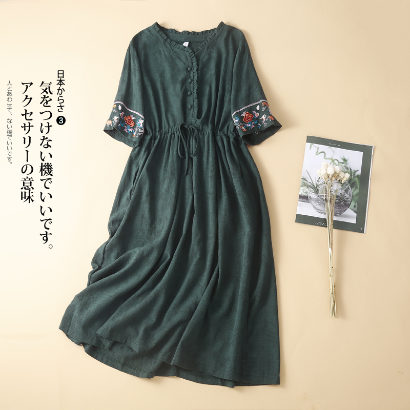 Summer Embroidery Loose Drawstring Straps Mid-length Linen & Cotton Dress