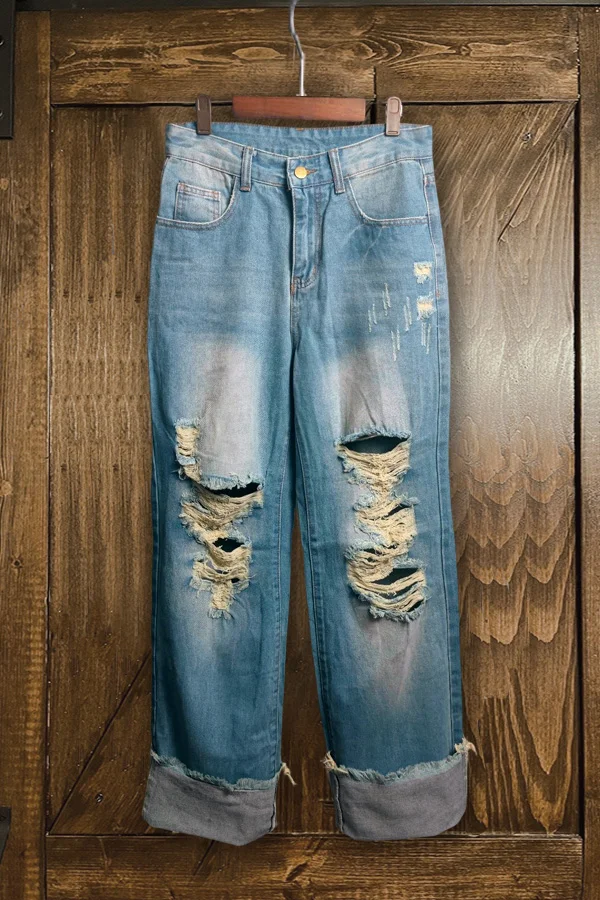 Washed Distressed Wide Leg Jeans