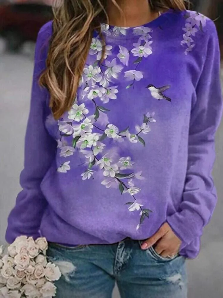 Women Long Sleeve Scoop Neck Floral Printed Graphic Top