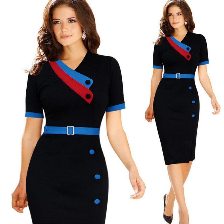 Contrasting-color Dress Temperament Short Sleeve Large Size Pencil