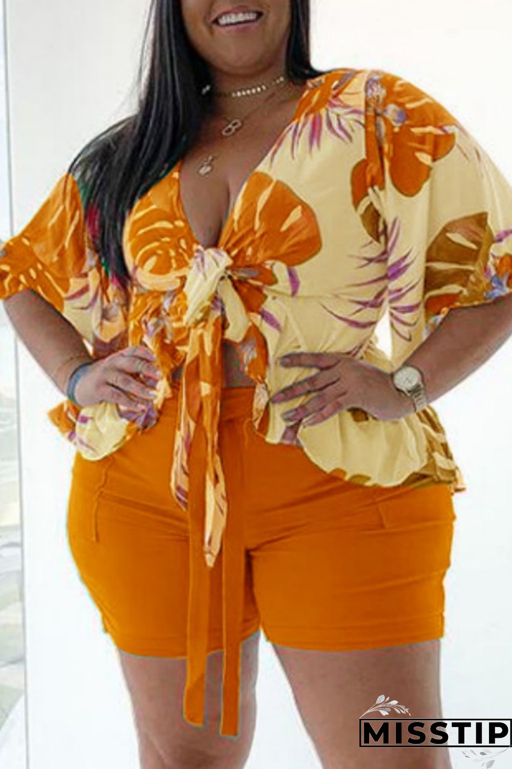 Dark Blue Fashion Casual Print Basic V Neck Plus Size Two Pieces