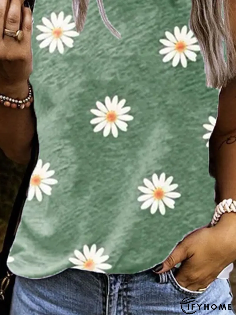 Crew Neck Sleeveless Floral-Print Casual Tops | IFYHOME