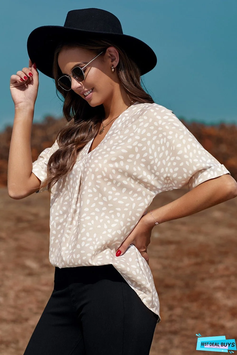 Chic Apricot Chloe Animal Print V-neck Rolled Sleeve Tunic Top