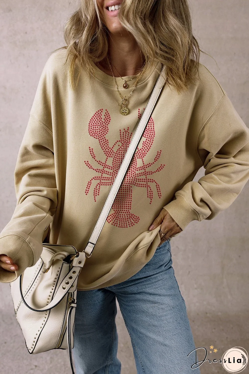Parchment Rhinestone Crawfish Graphic Crewneck Oversized Sweatshirt
