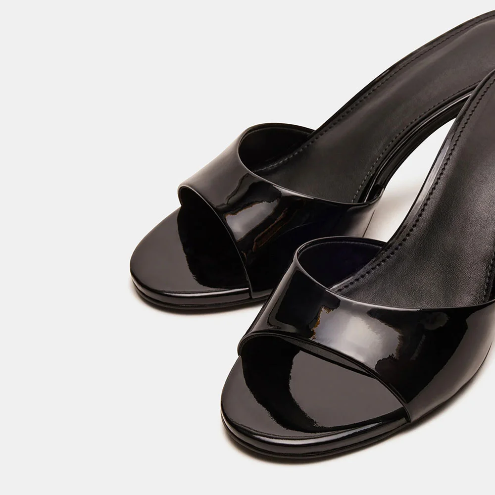 Classic Black Open Round Toe Stiletto Heel Slip On Mules Shoes