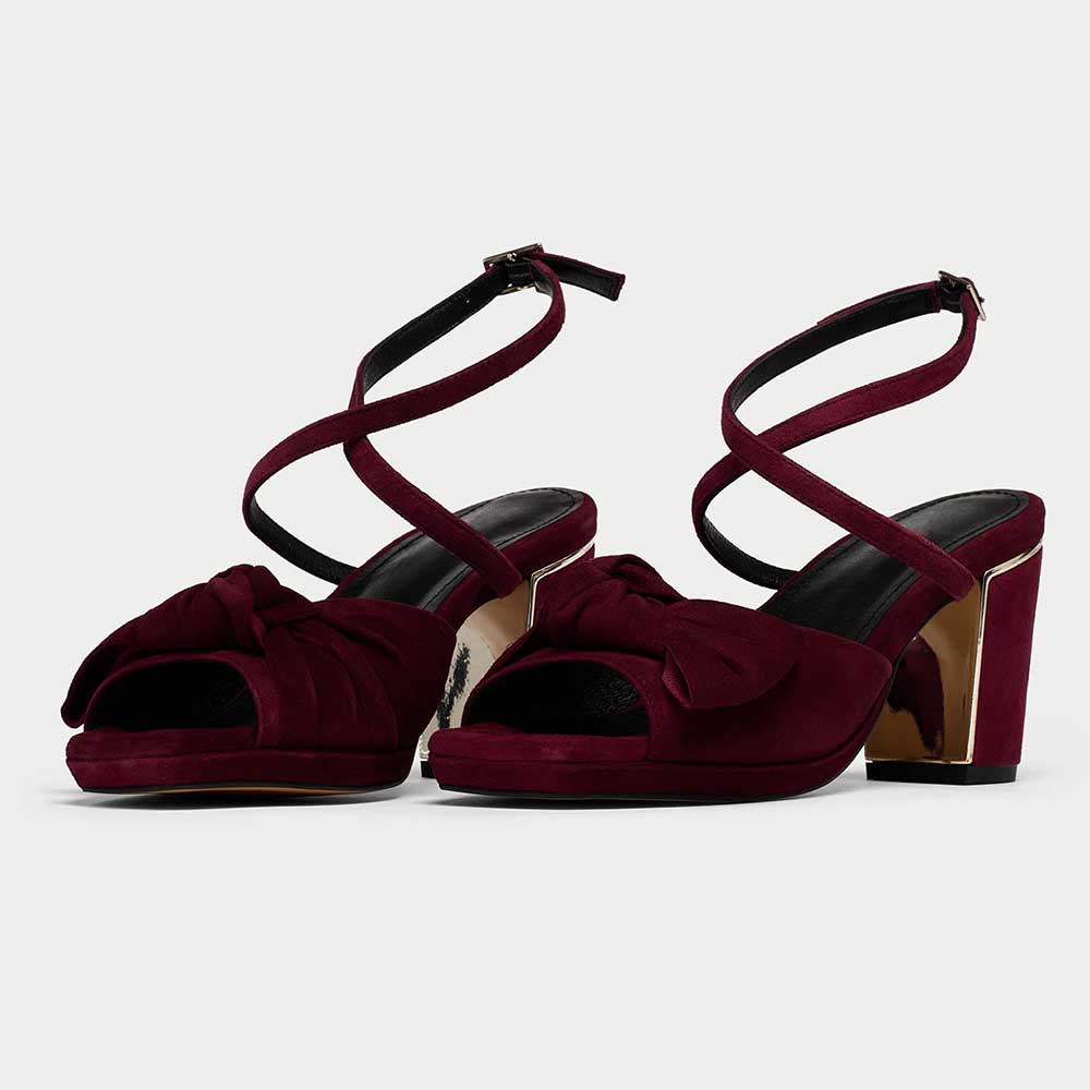 Maroon Crossover Ankle Strap Chunky Heel Platform Sandals with Bow Nicepairs