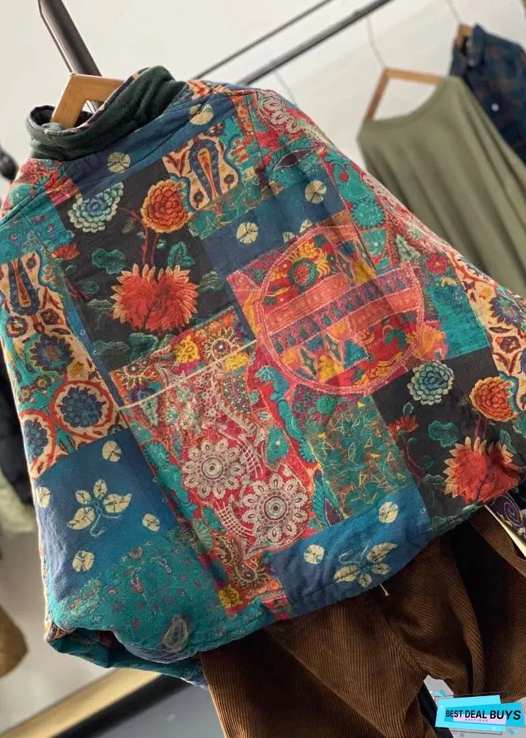 Retro Print Asymmetrical Patch Cotton Filled Batwing Sleeve Jacket Winter