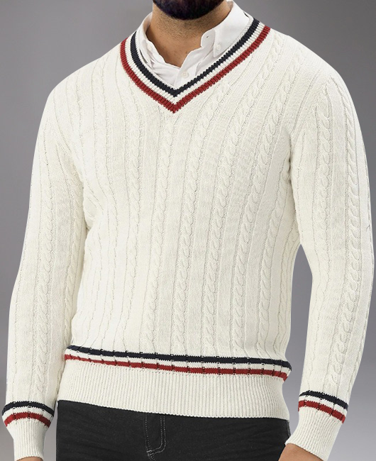 Causal Contrast Striped V Neck Cable Knit Sweater