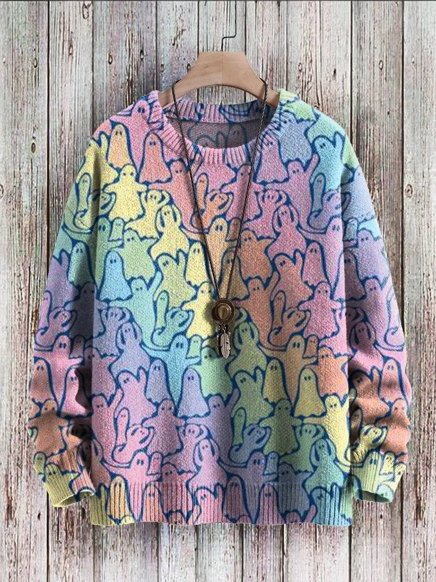 Rainbow Ghosts Art Pattern Print Casual Knit Pullover Sweatshirt