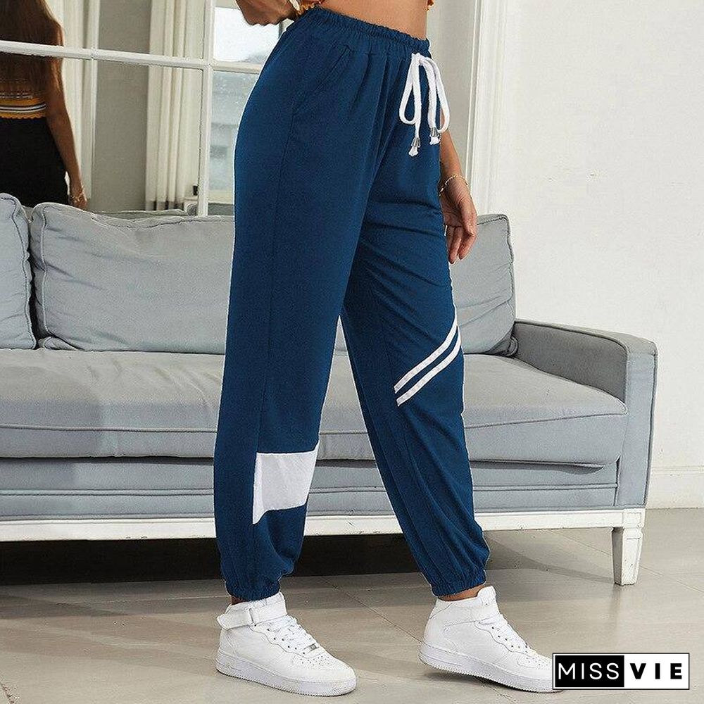 Autumn Striped Patchwork  SweatPants Women Trousers Soft Casual Home High Waist Pants For Women New Fashion
