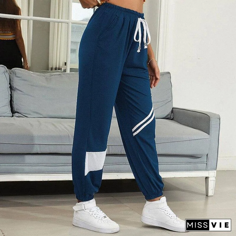 Autumn Striped Patchwork  SweatPants Women Trousers Soft Casual Home High Waist Pants For Women New Fashion