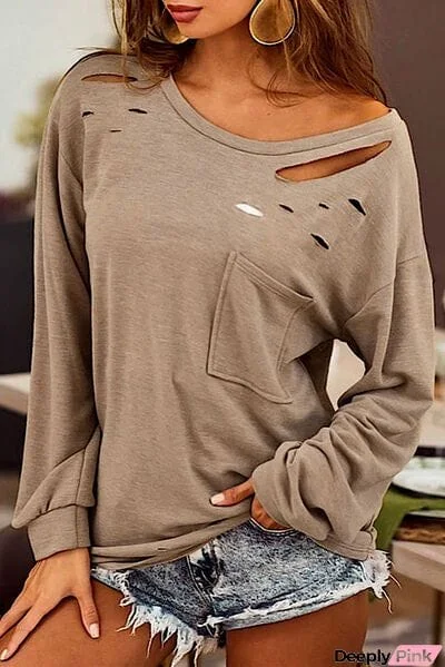 Distressed Pocketed Round Neck Long  Sleeve T-Shirt