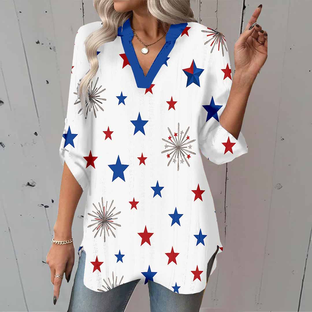 Women  Independence Day, Star, Striped, Blue, Red DZGA0227 3/4 Sleeve V-neck Printed Graphic Button Tops