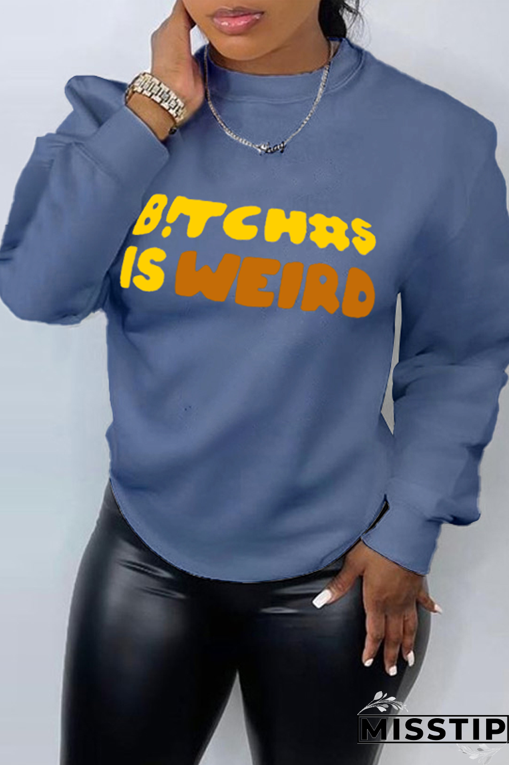 Blue Casual Basis Print Letter O Neck Tops