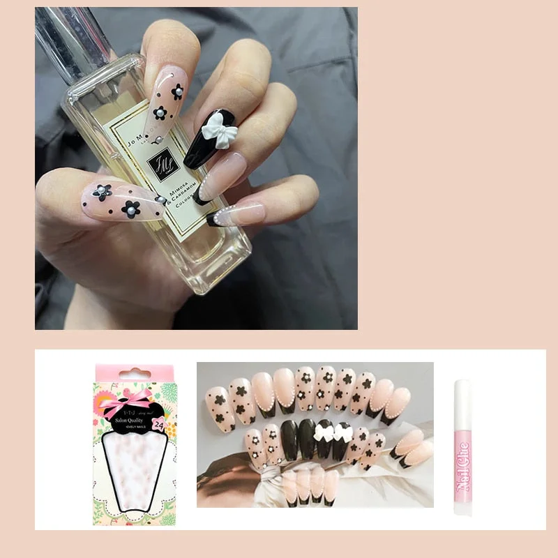 24pcs decorated false nails Transparent purple bow with long round head falis nails Manicure patch acrylic nail tips-Nail Inspo