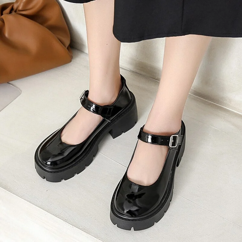 Retro Patent Leather Mary Jane Shoes Women Round Toe High Heels Platform Shoes Woman Japanese Style Student Lolita Shoes