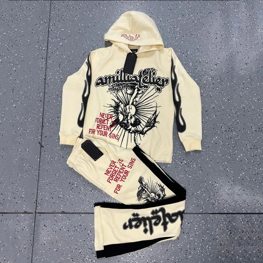 Fallen Angels Print Hip Hop Hoodie & Flared Trousers Two Piece Set