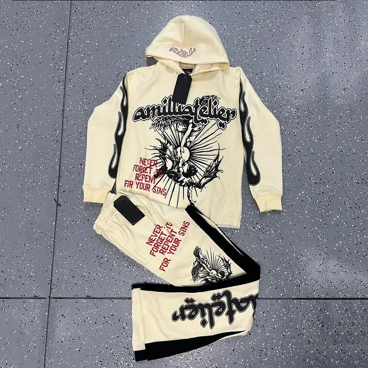 Fallen Angels Print Hip Hop Hoodie & Flared Trousers Two Piece Set